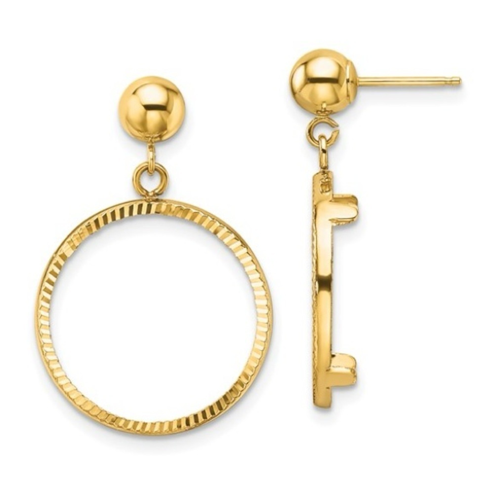 14k Gold Diamond-cut Classic 16.5mm Prong Coin Bezel Post Dangle Earrings
